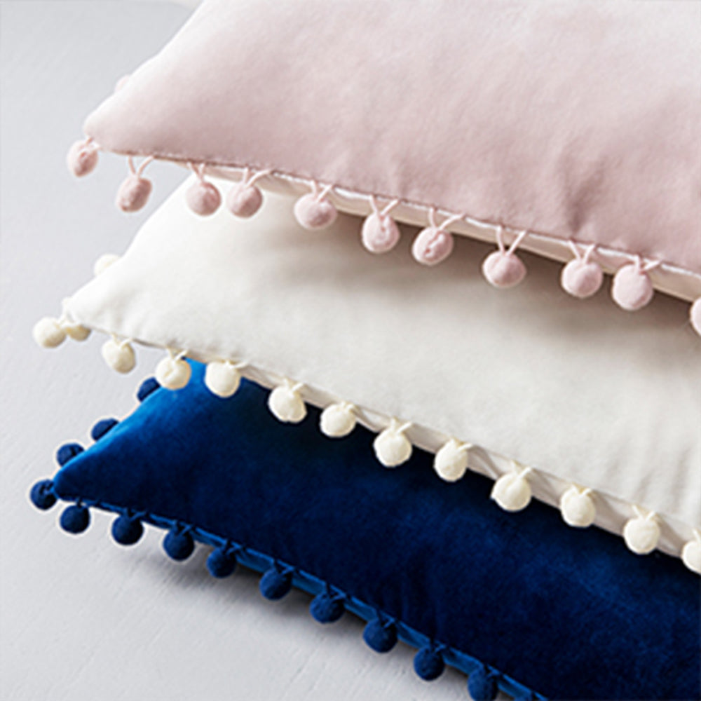 20''x20'' velvet pom-pom throw pillow | 7 colors   soft & playful ball trim design | fun couch & bedroom accent | insert included
