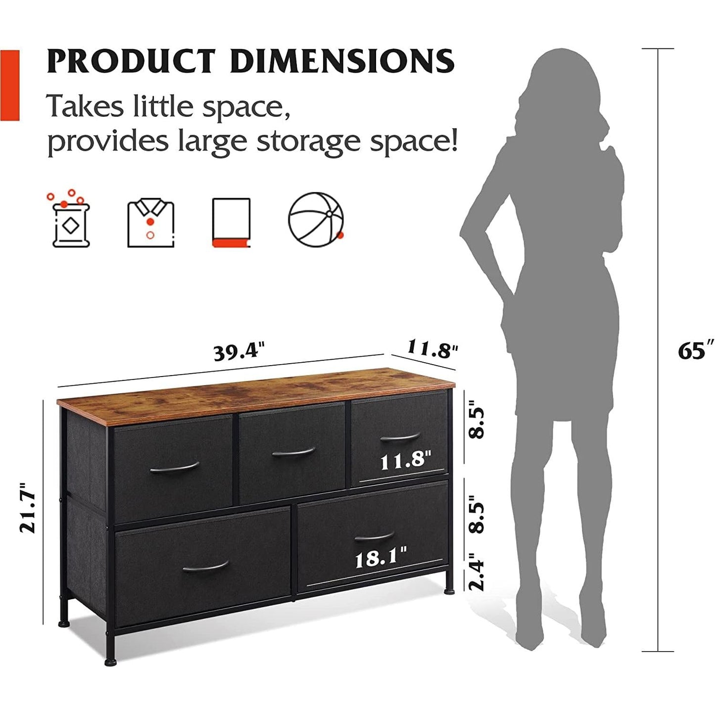 5 Drawer Fabric Dresser With Bins And Wood Top For Bedroom