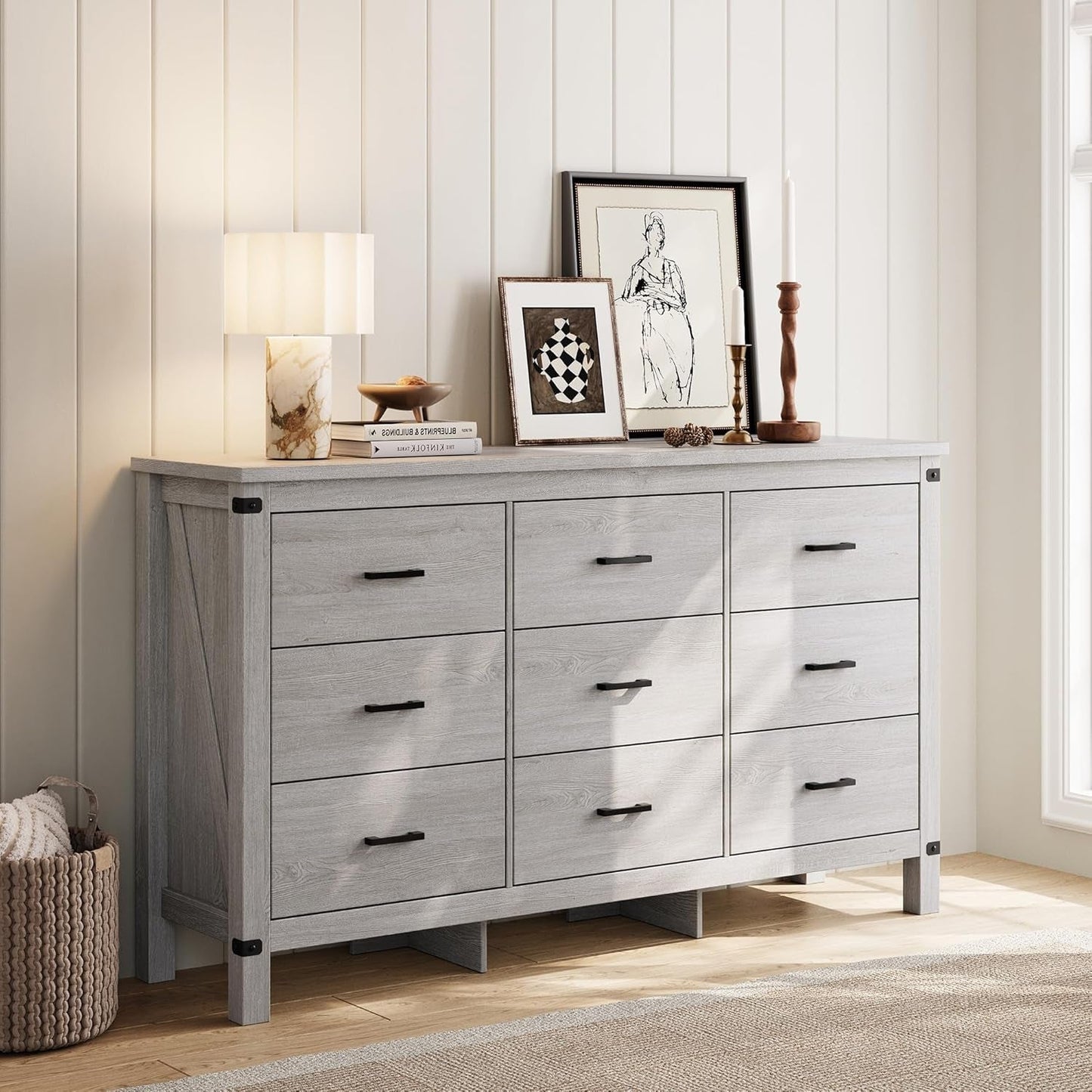 59 Inch Washed Grey Modern Farmhouse DresserWithNineDrawers