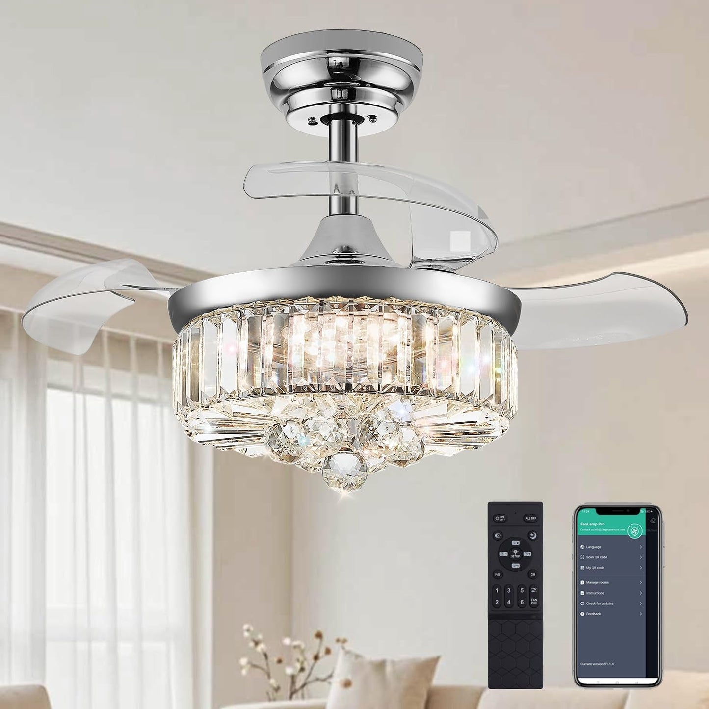 30 Inch Crystal Chandelier Ceiling Fan With Retractable Blades