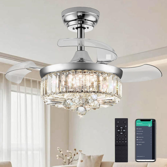 30 Inch Crystal Chandelier Ceiling Fan With Retractable Blades
