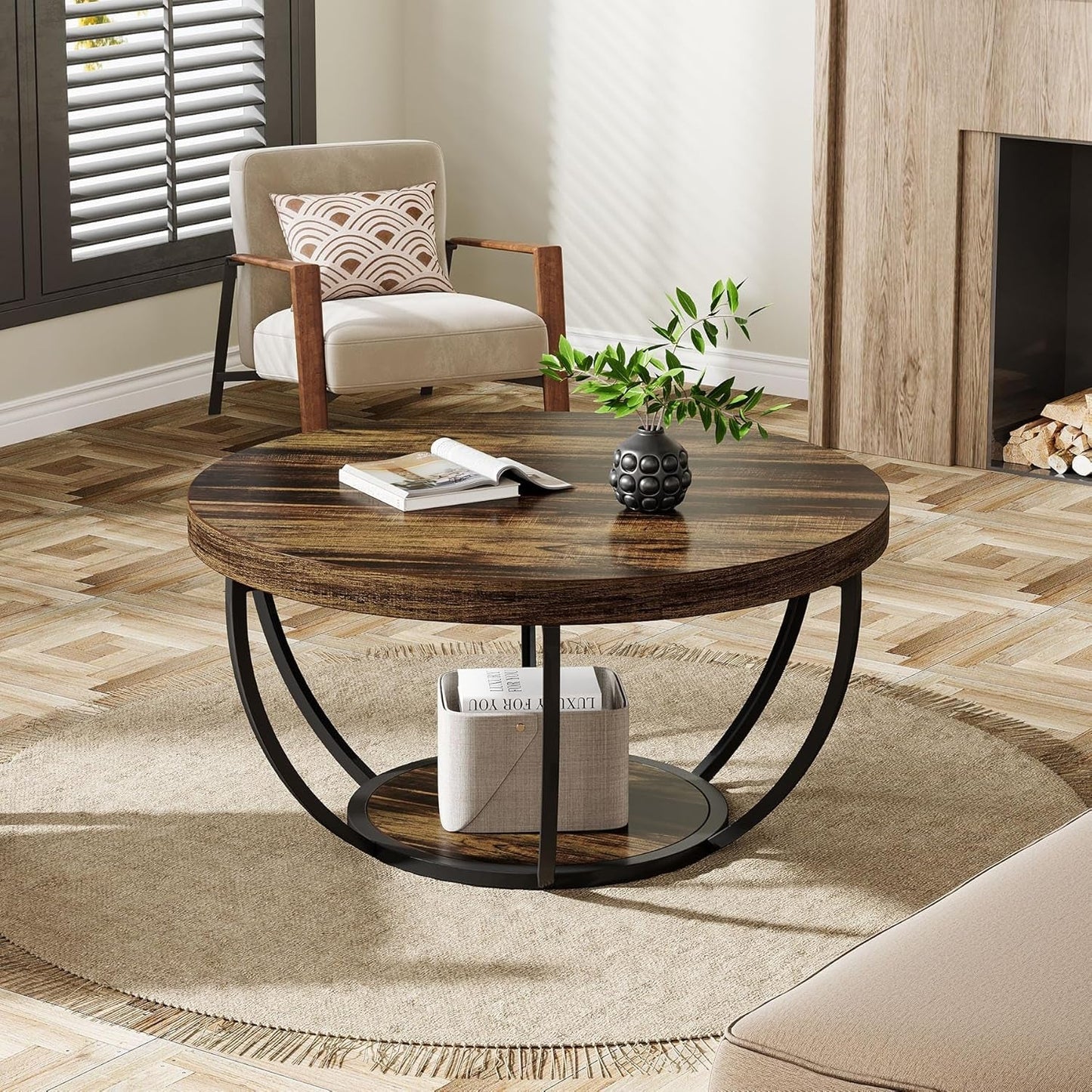 Round Coffee Table 31.7Inches Rustic Brown Storage