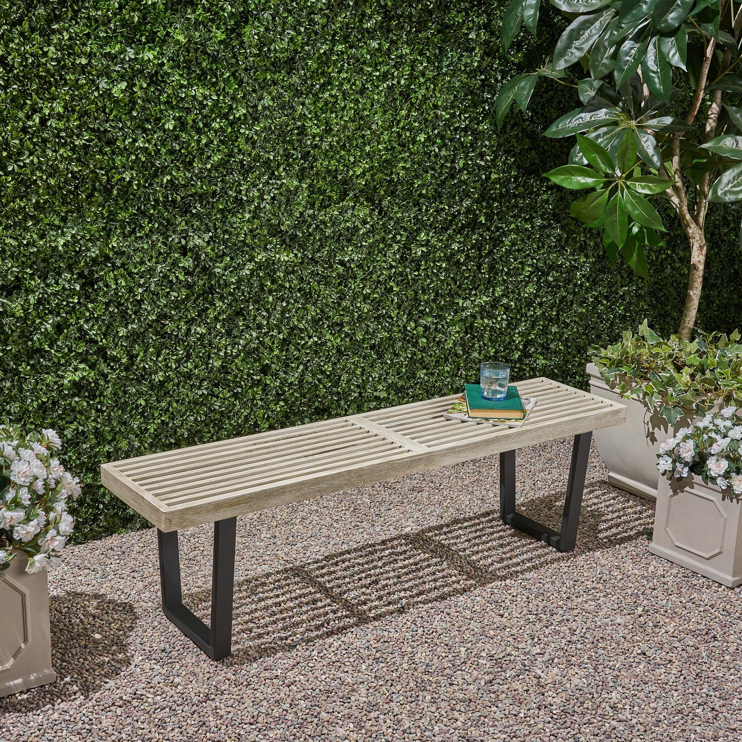 Metal/Solid Wood Outdoor Bench