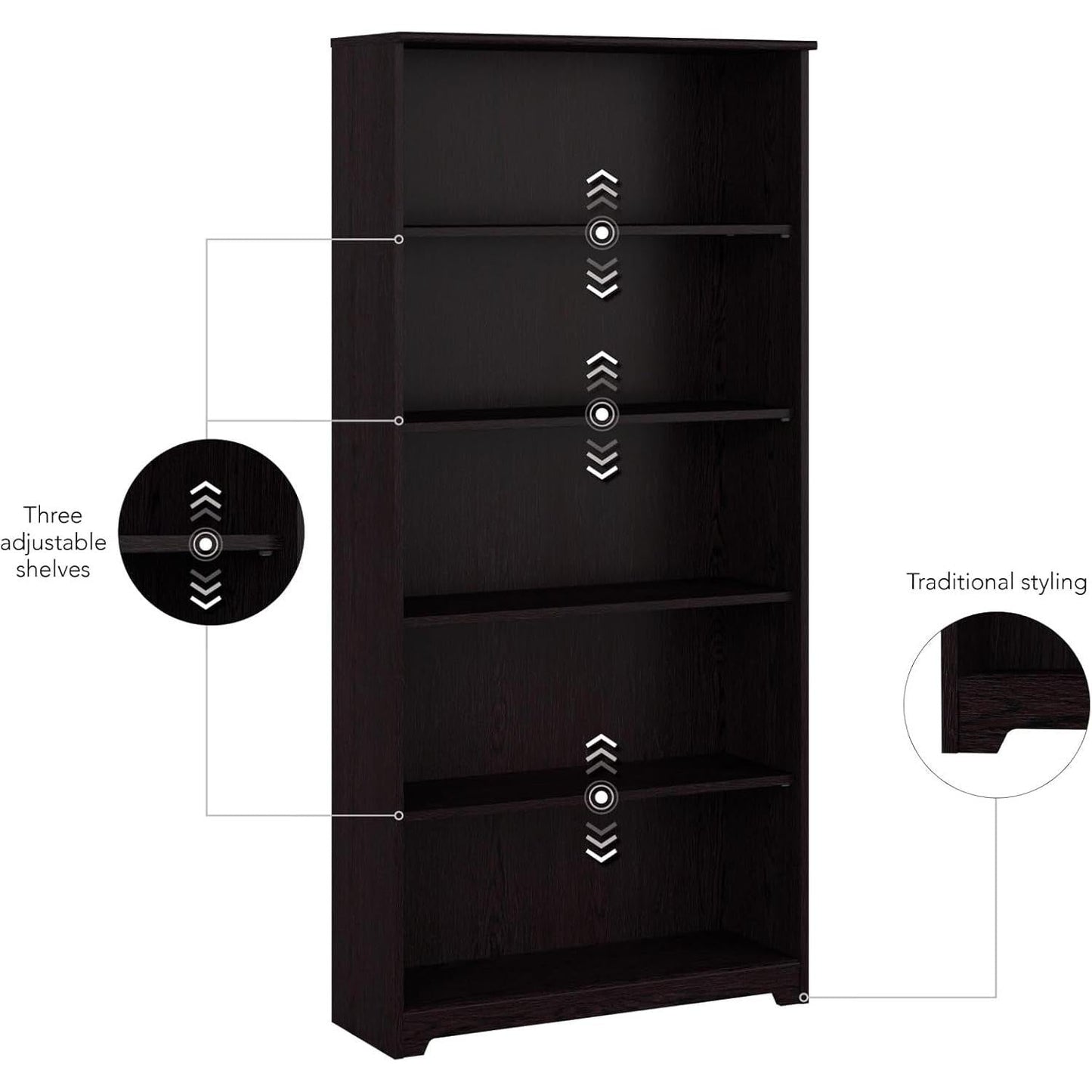 Tall Five Shelf Bookcase Espresso Oak For Living Room
