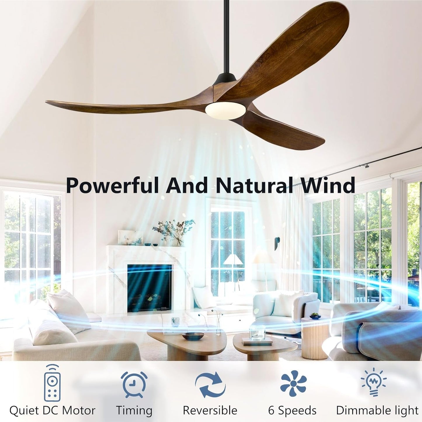 60 Inch Walnut Solid Wood Ceiling Fan Outdoor Weatherproof