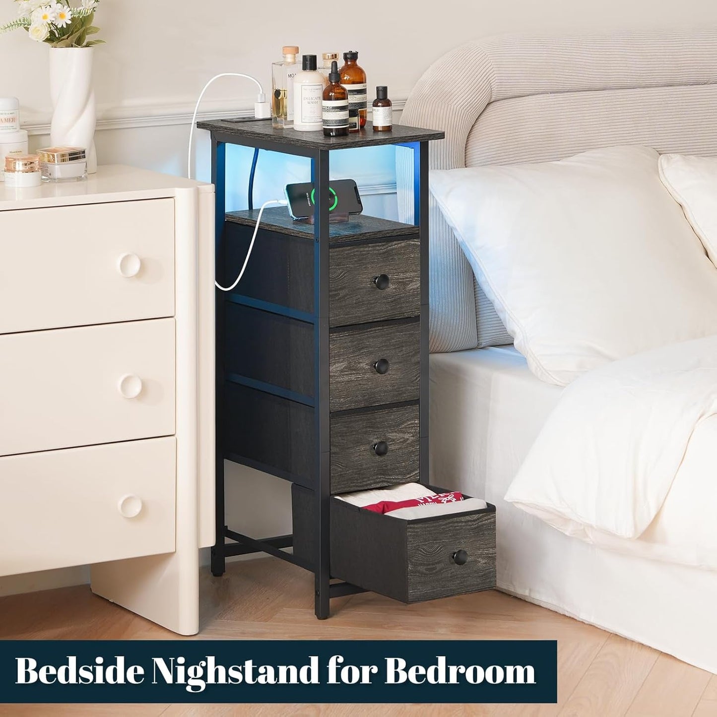 Narrow Dresser Nightstand With Led Charging Station