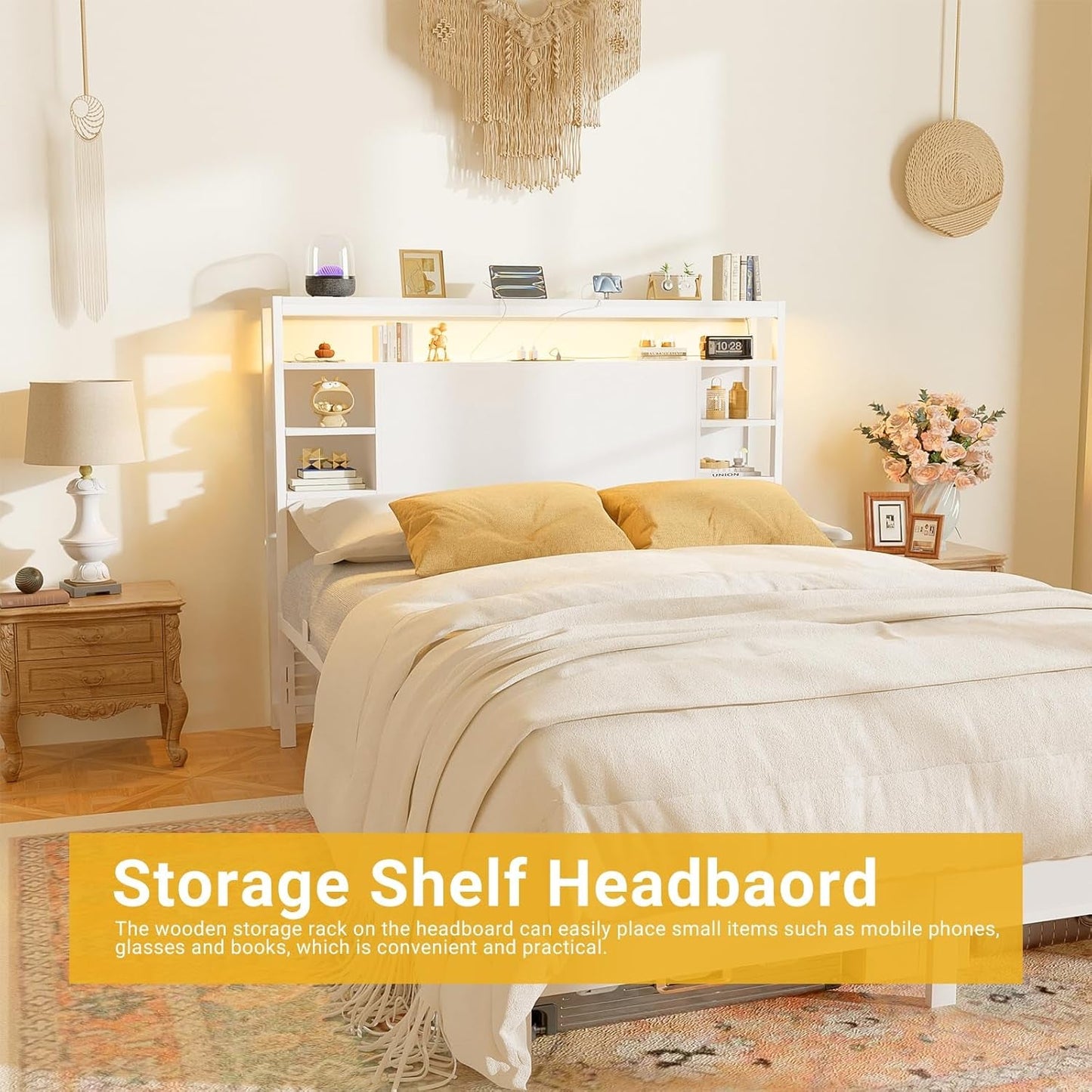 Full Size Headboard With Storage RGB LED Lighting