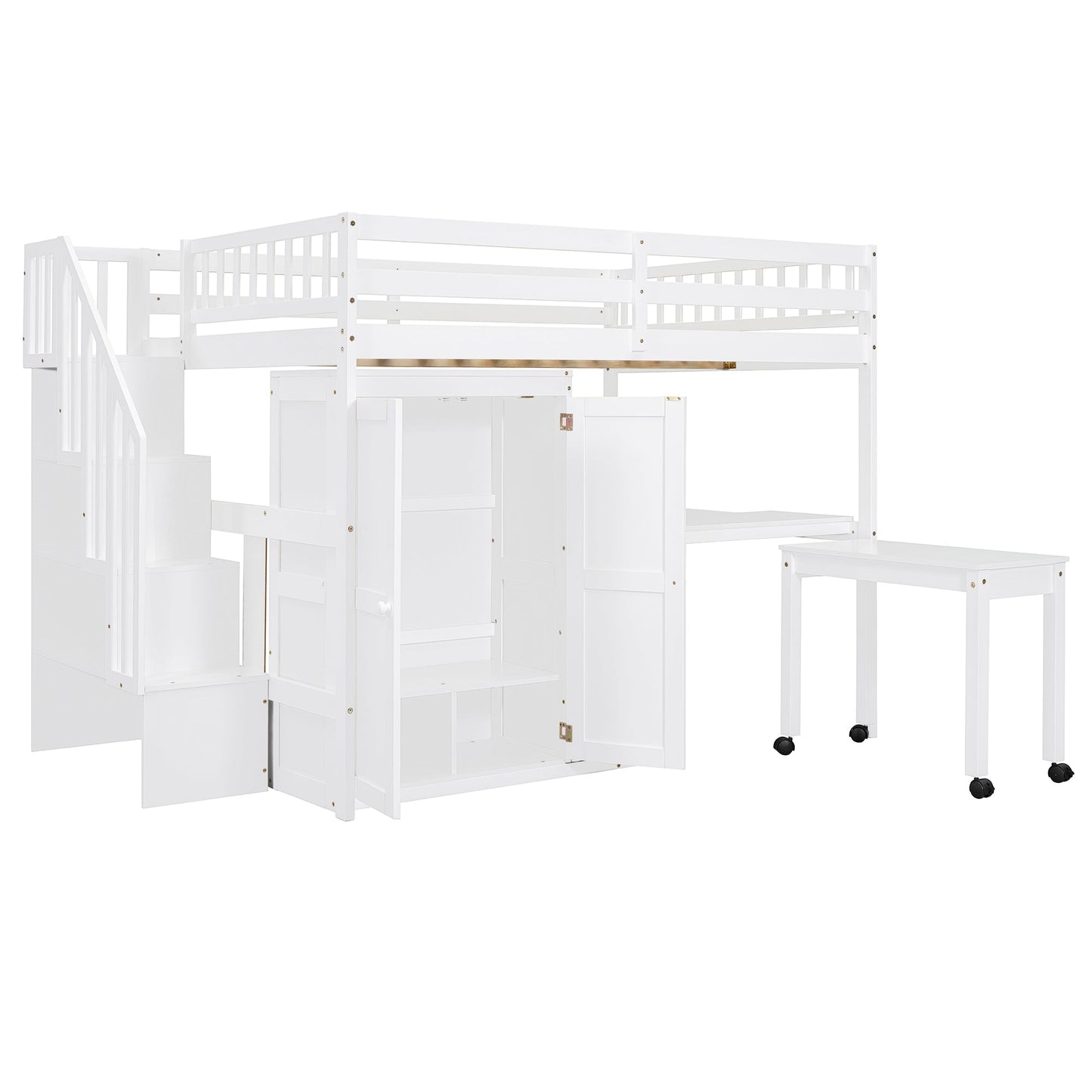 Full Size Loft Bed with Stairs, Bookshelf, Drawers, Desk & Wardrobe – Space-Saving Multifunctional Furniture for Kids & Teens-White