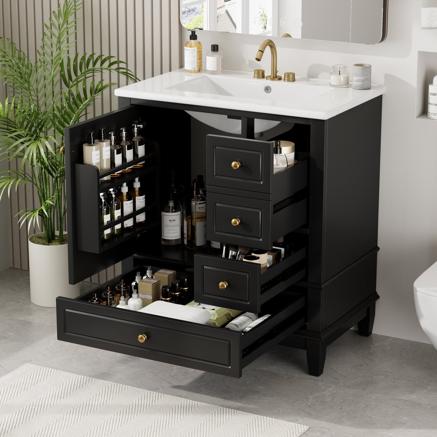 30" Bathroom Vanity with Sink, One Door with Shelf and Three Drawers