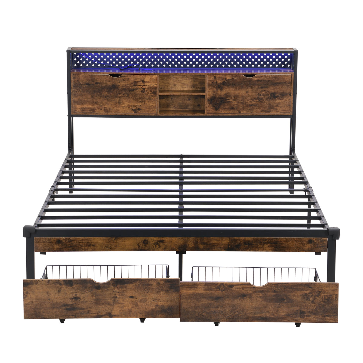Queen Size Metal Platform Bed Frame with Wooden Headboard