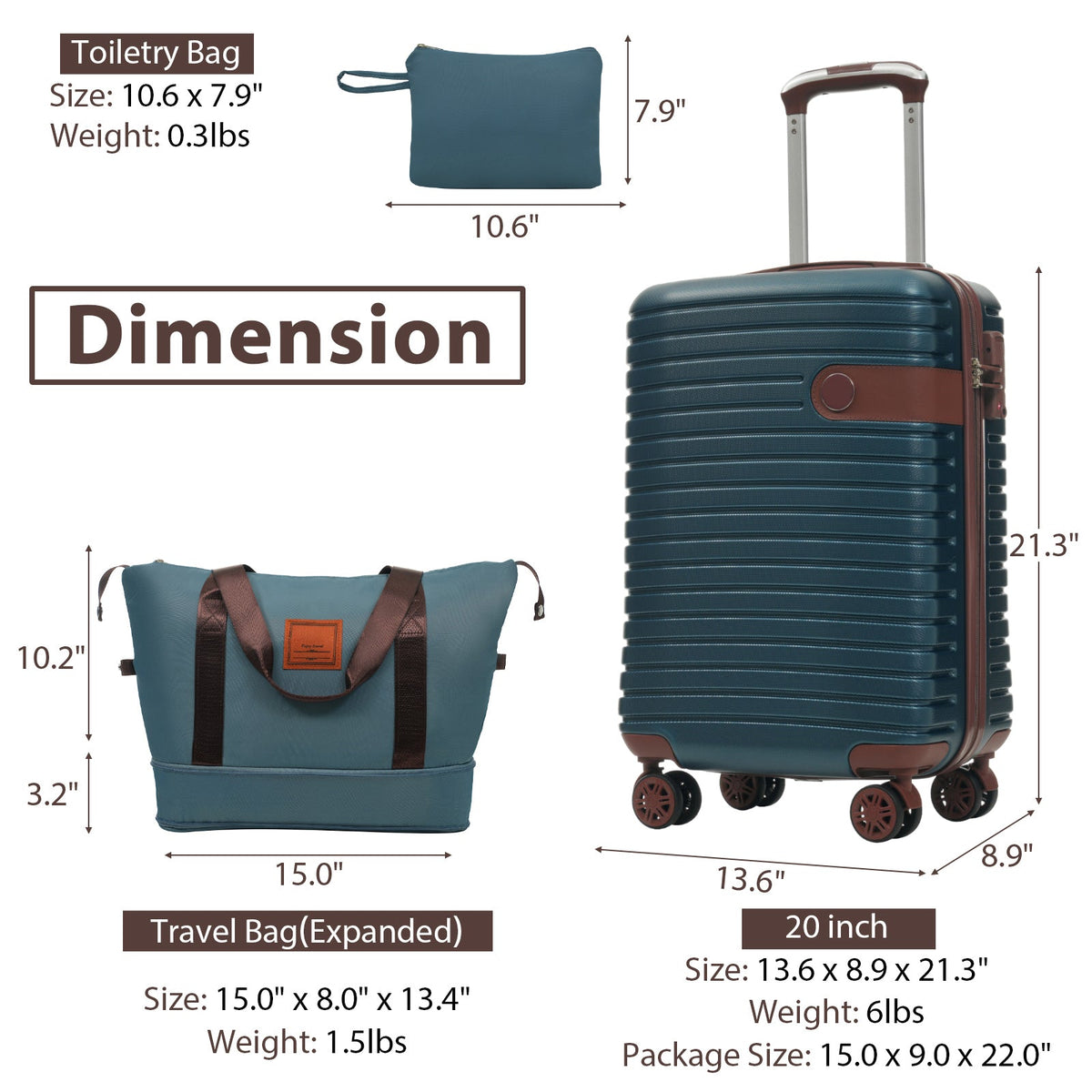 3 Piece Carry-On Luggage Set - Lightweight Hardshell ABS Suitcases