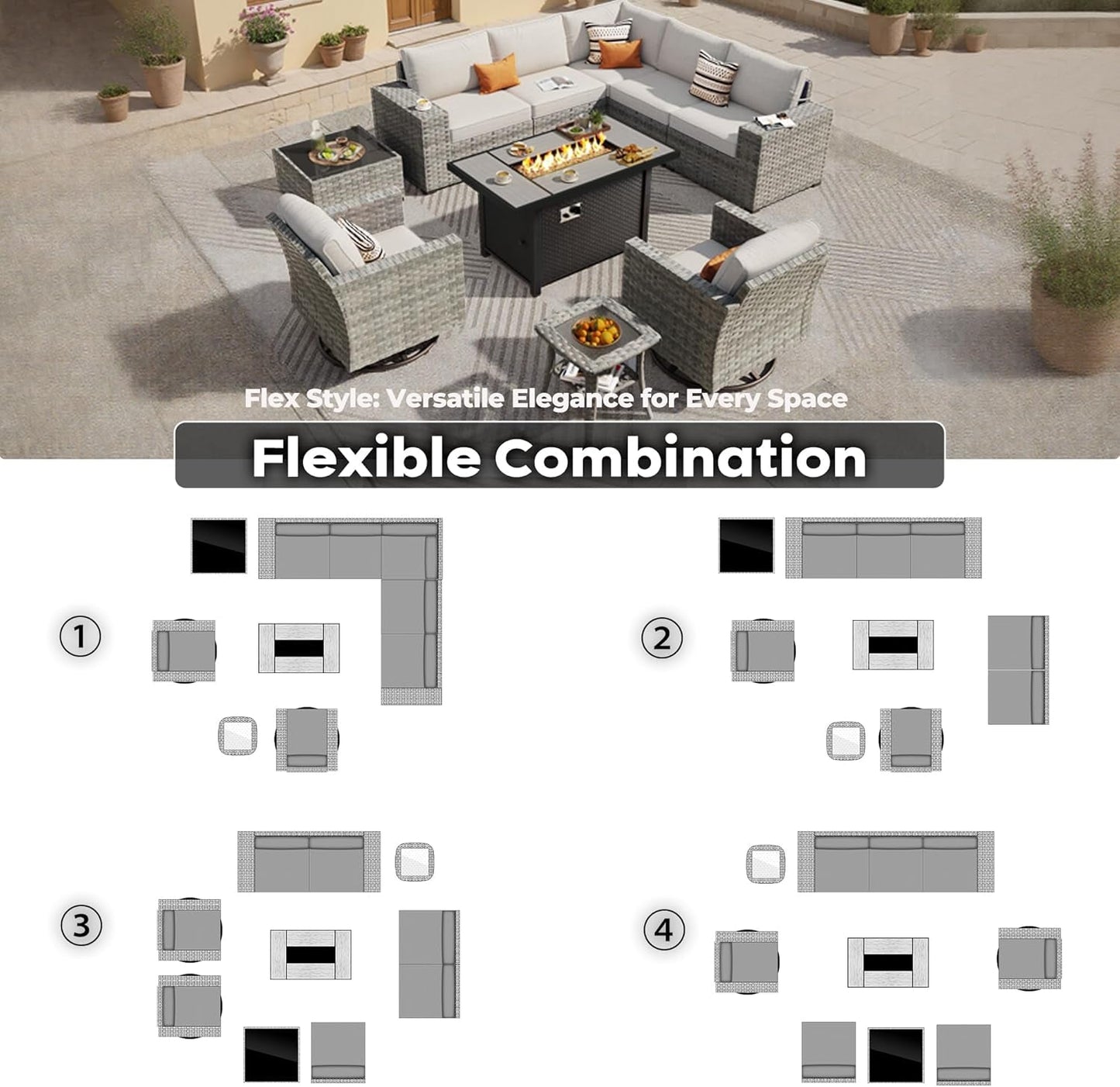 10 Piece Outdoor Wicker Sectional Sofa Set with Fire Pit