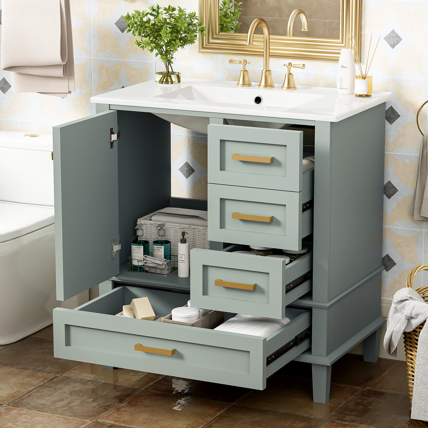 30" Bathroom Vanity in Green with Sink Combo Set