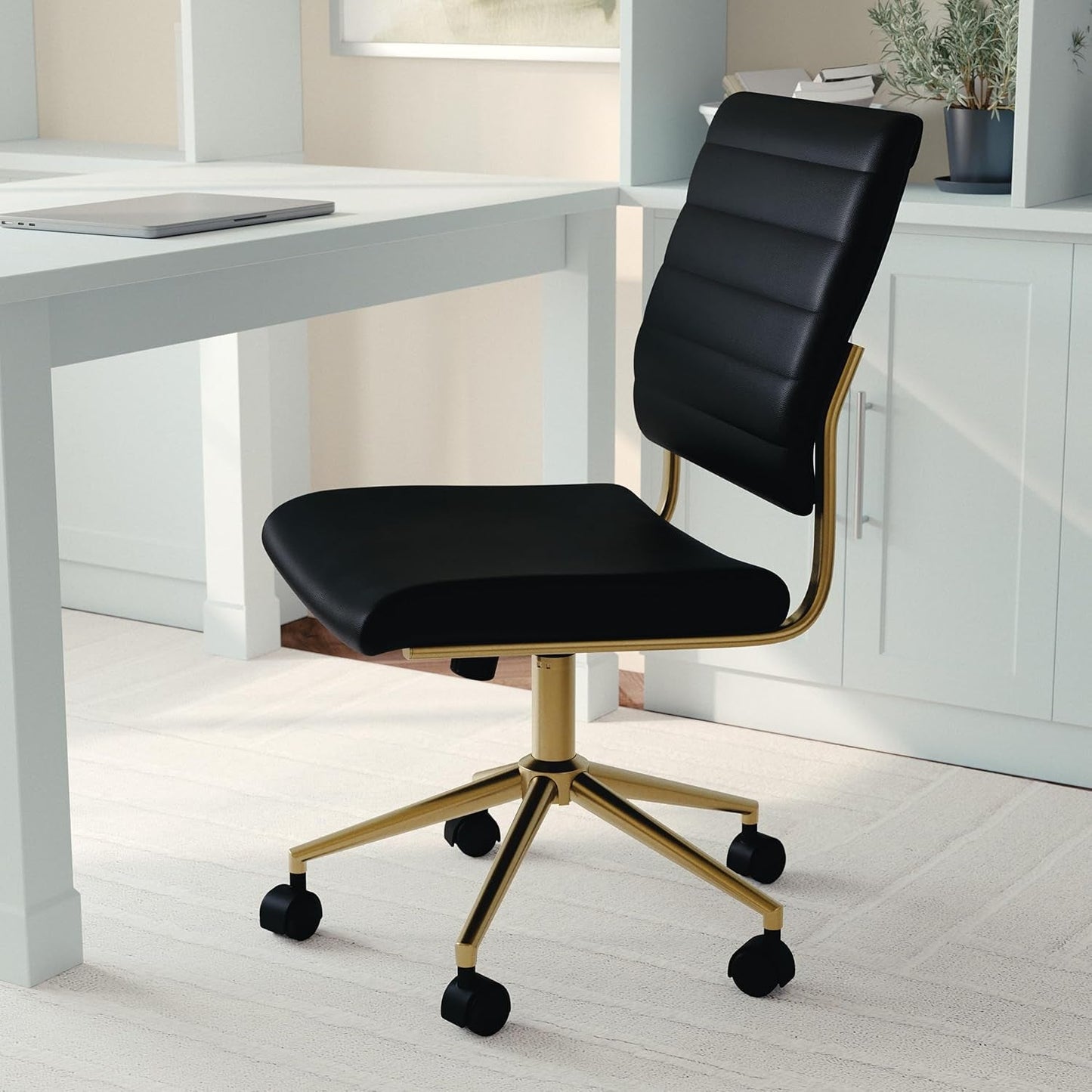 Armless Swivel Task Chair Black Faux Leather Brass Frame