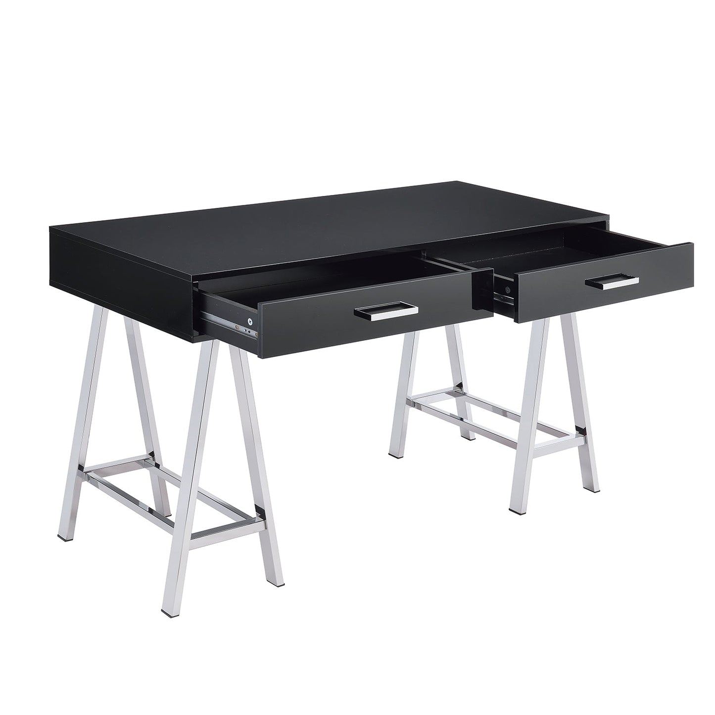 2 Drawers Writing Desk with Metal Base, Black High Gloss and Chrome