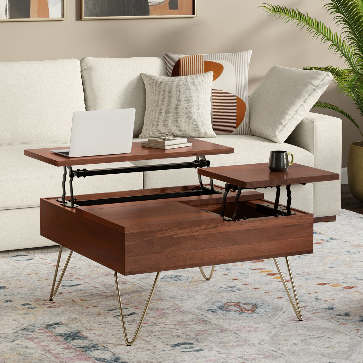 Hunter Solid Mango Wood Lift Top Square Coffee Table in Umber