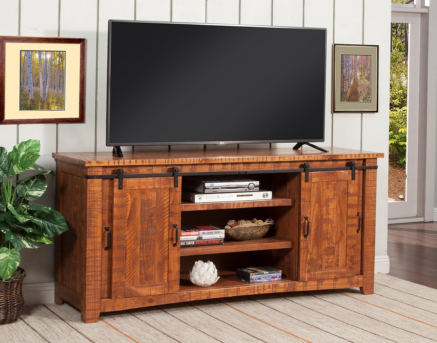65 Inch Solid Wood TV Stand Honey Tobacco With Rustic Doors