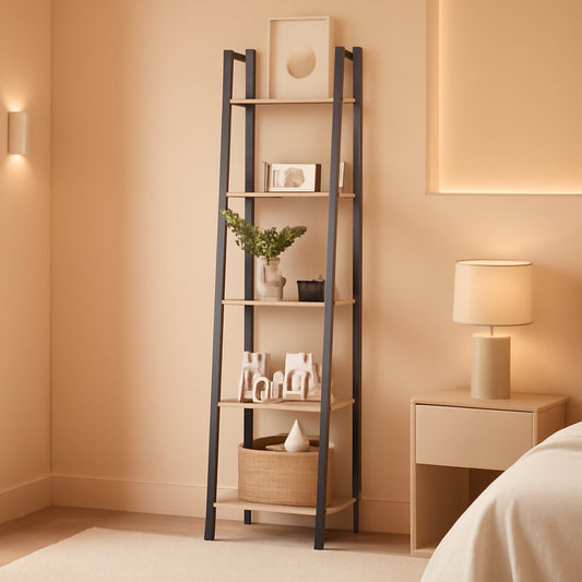 Greige 5 Tier Ladder Shelf Bookcase Freestanding Corner