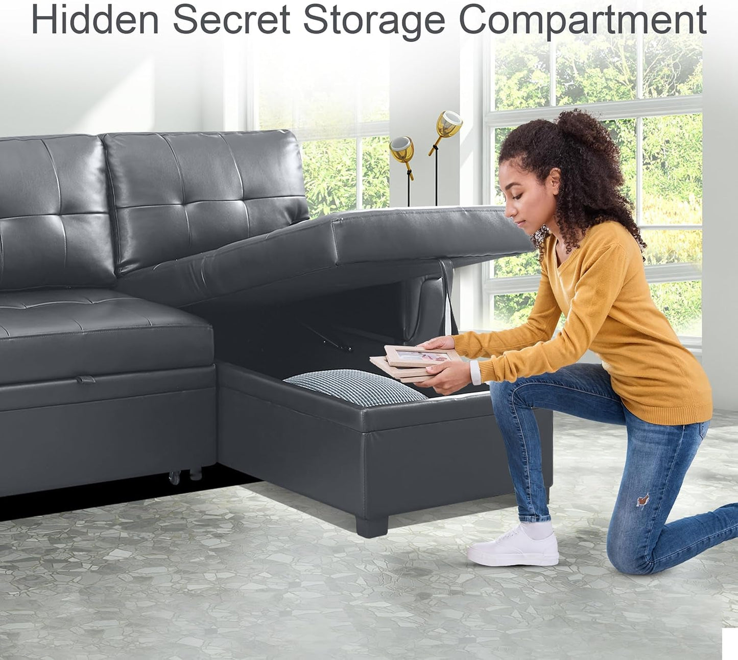 Sleeper Sectional Sofa With Convertible Bed In Dark Gray