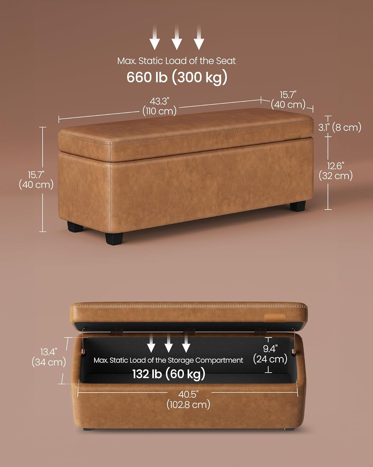 Caramel Brown 25 Gallon Large Capacity Storage Ottoman