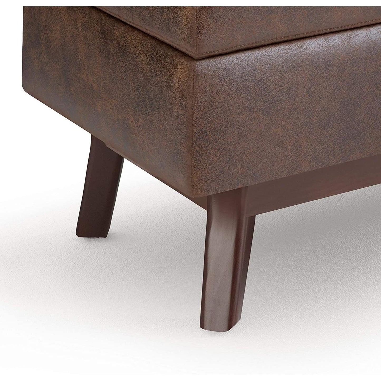 Mid Century Storage Ottoman 36W Chestnut Faux Leather