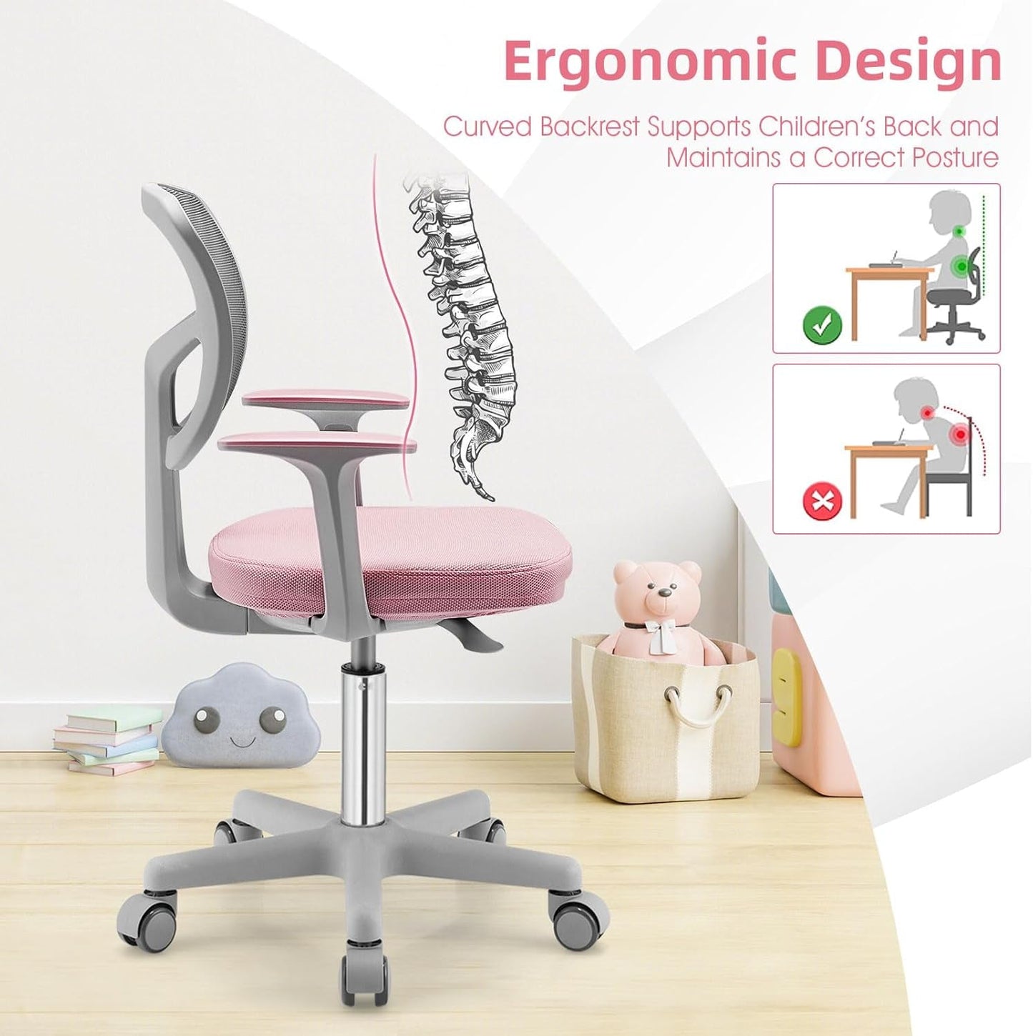 Kids Desk Chair Pink Height Adjustable Lumbar Support