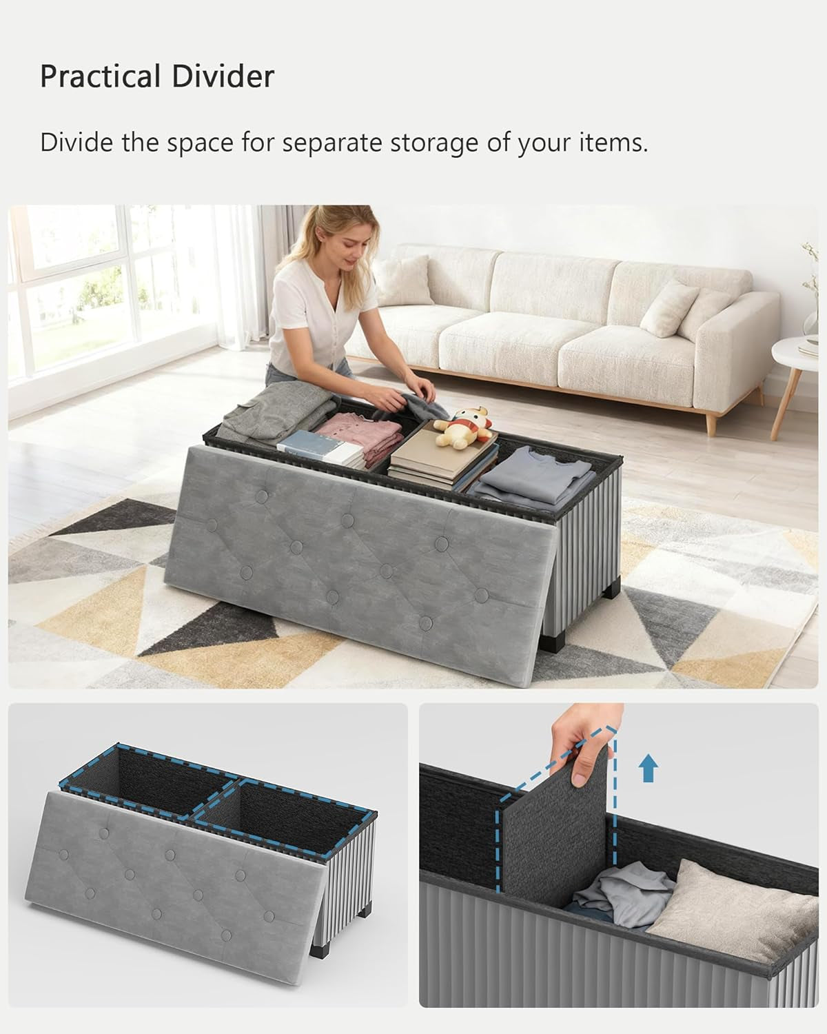 43 Inch Luxurious Velvet Storage Ottoman Bench Grey