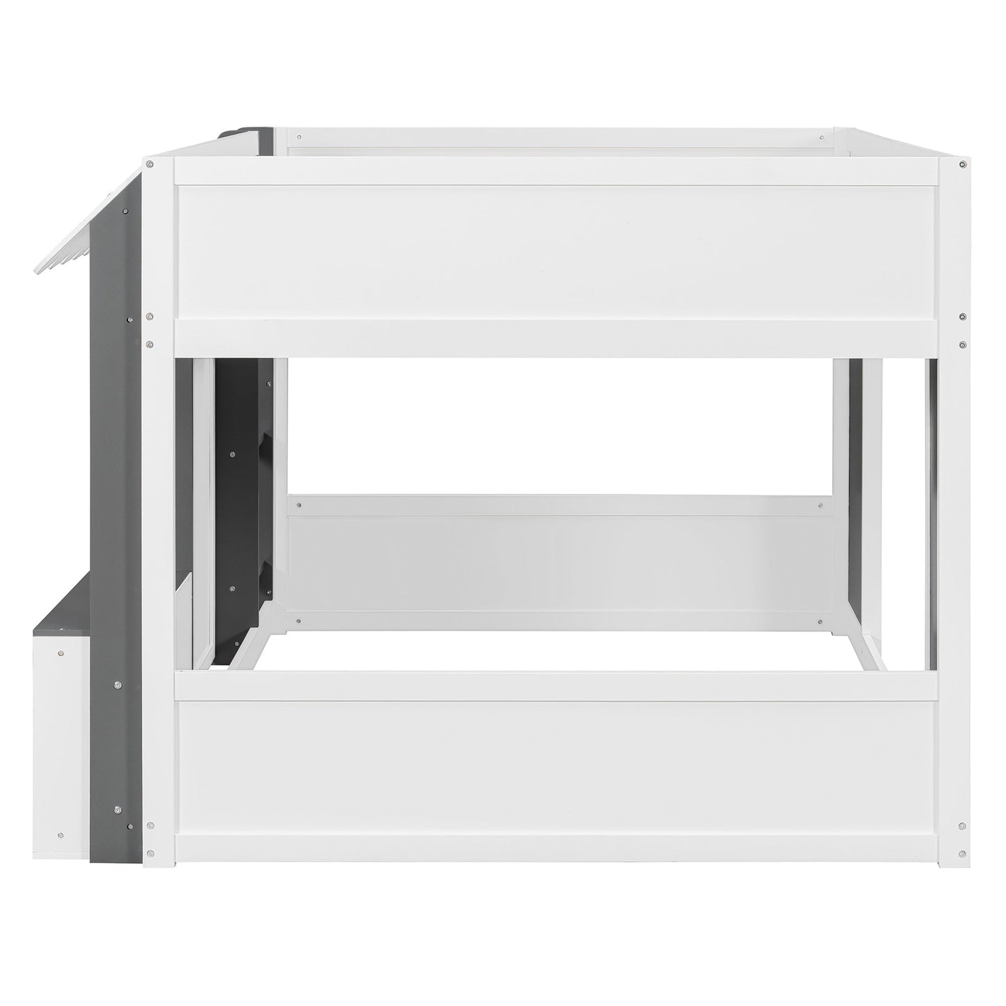 Full Loft House Bed with Playhouse & Storage, Modern Wood Cabin Bed for Kids/Teens, White+Gray