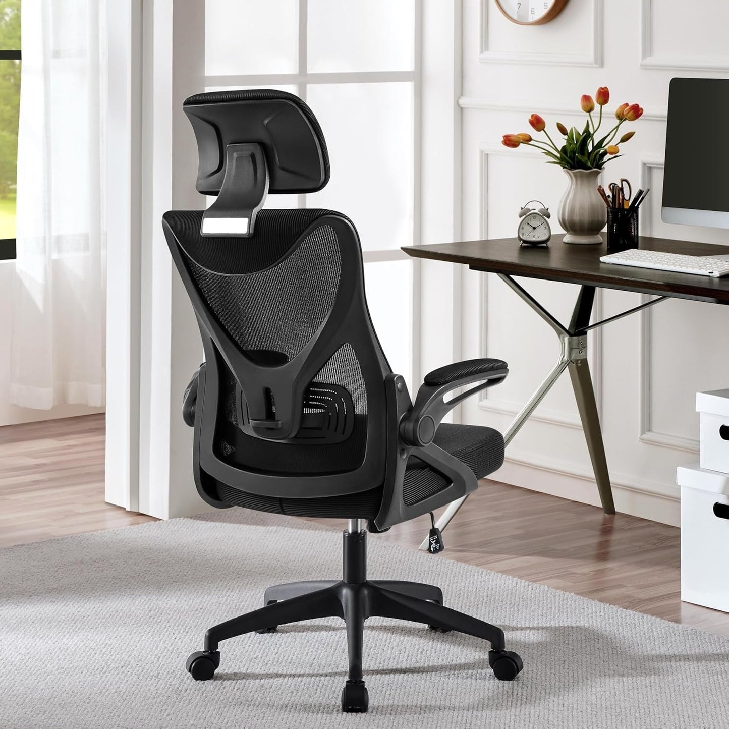 Black Ergonomic Office Chair With Adjustable Headrest And Flip Up Armrests