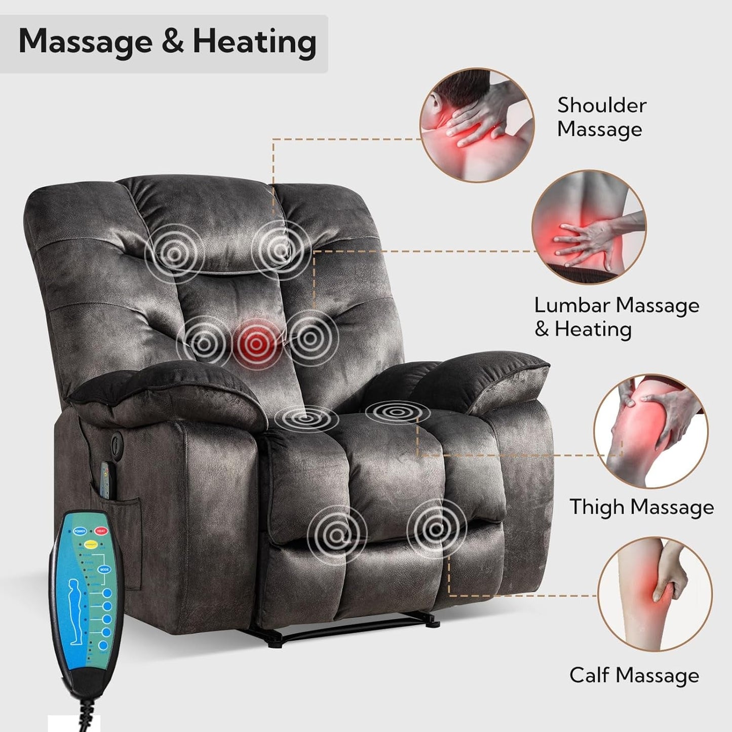 Oversized 41 Inch Power Recliner With Massage And Heat features shoulder, lumbar, thigh, and calf massage with heating.