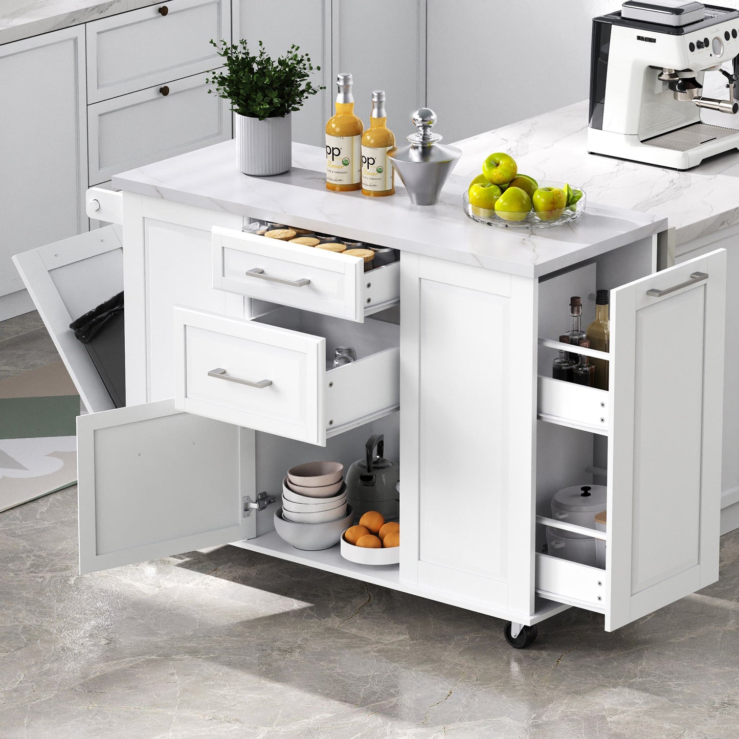K&K 50.7" Kitchen Island with Storage Tilt Trash Can Cabinet