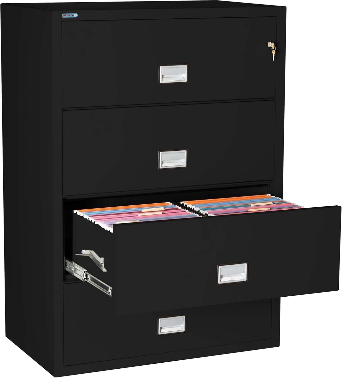 38 Inch Lateral 4 Drawer Fireproof File Cabinet With Key Lock Black
