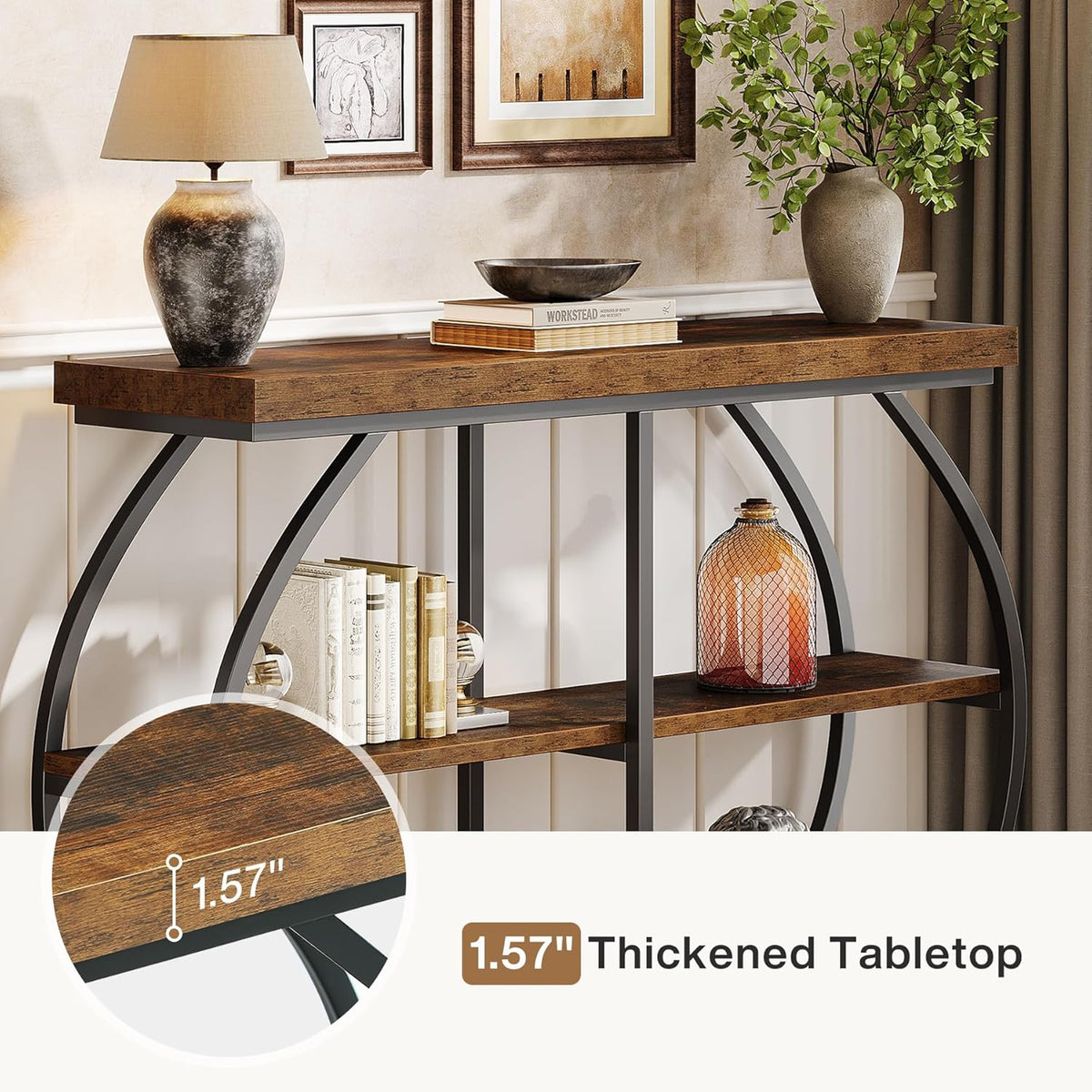 41.3" Industrial Console Table, 3-Tier Entryway Table with Arched Metal Frame