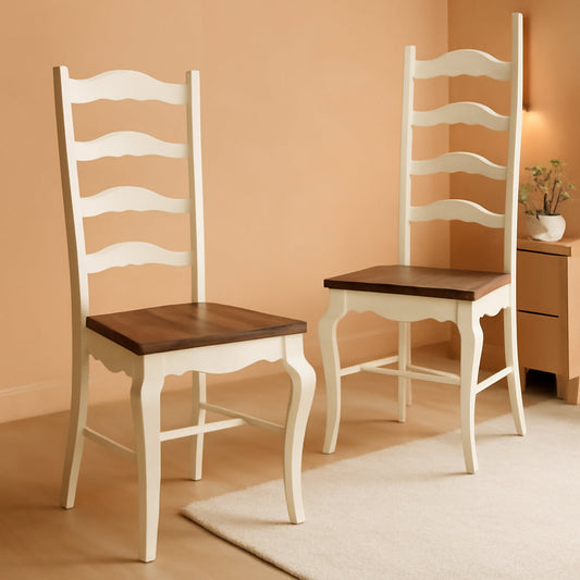 French Countryside Oak And White Pair Of Dining Chairs With Distressed Finish