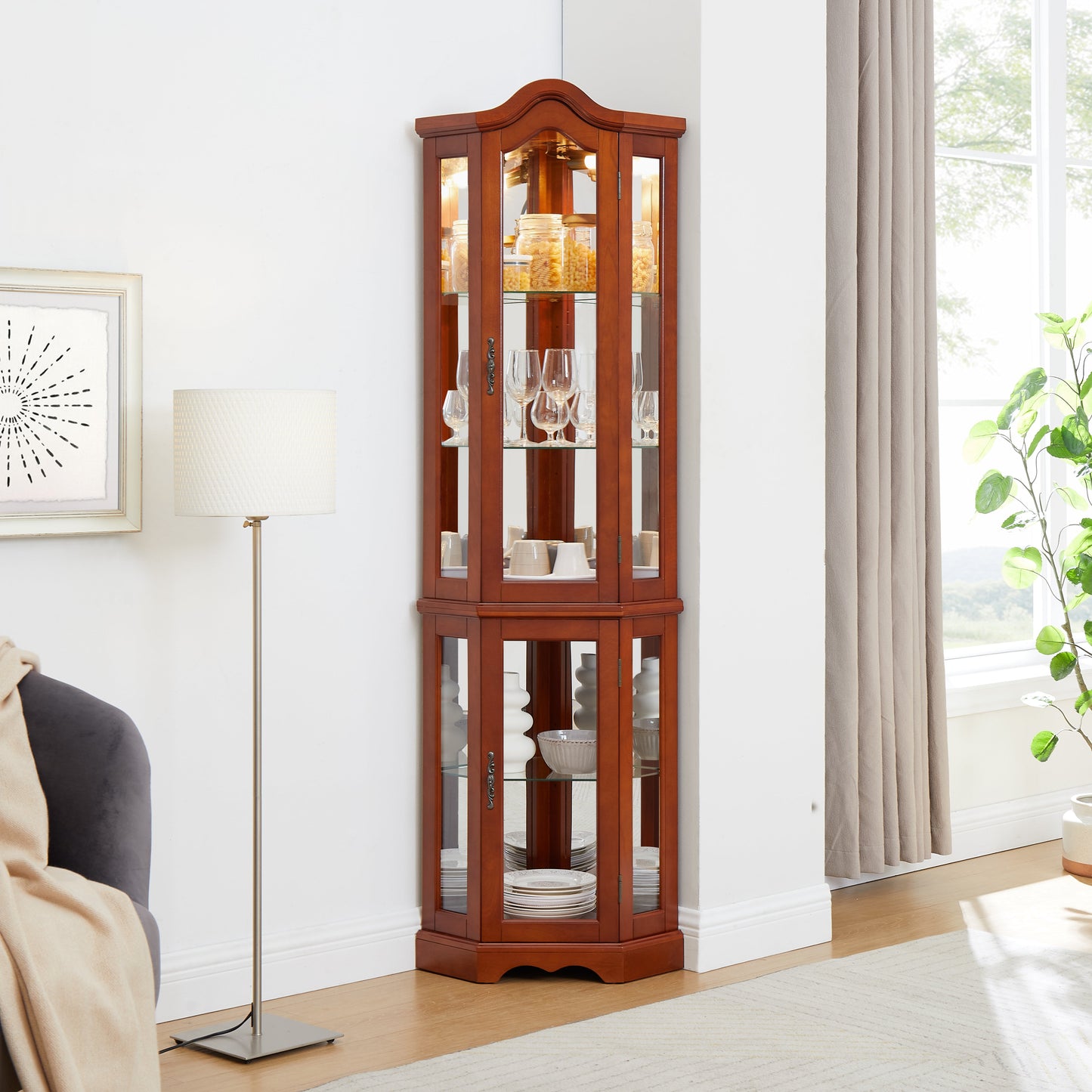 Corner Curio Cabinet with Lights, Adjustable Shelves, and Mirrored Back
