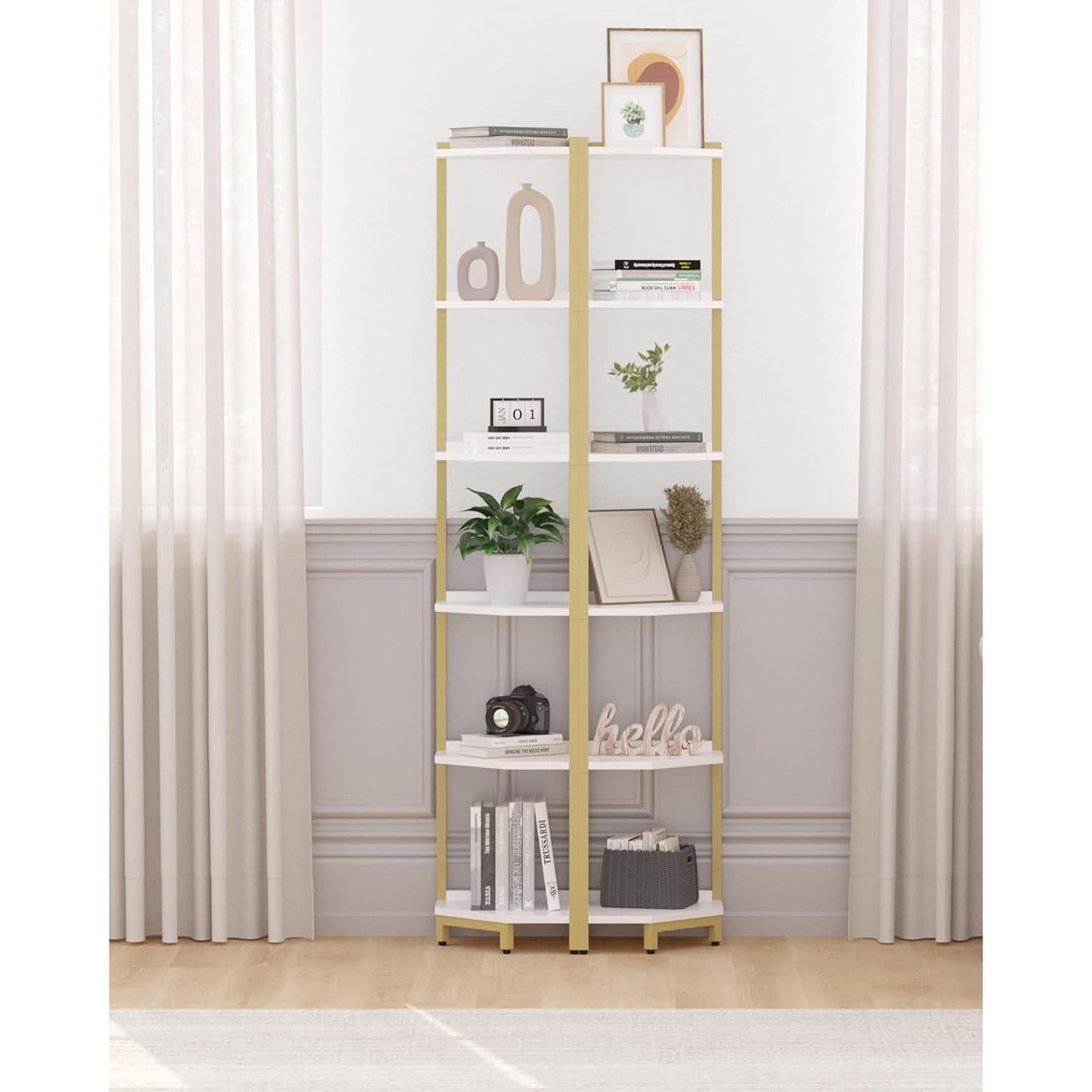 6-Tier Corner Shelf Stand White Gold Finish For Living Room
