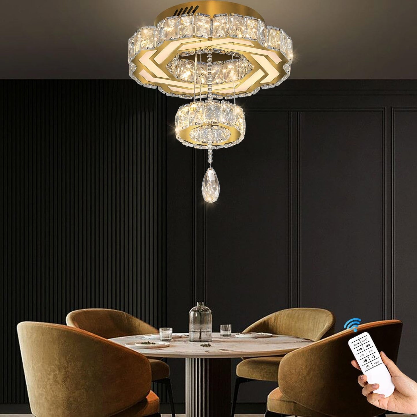 Gold Crystal Chandelier 12 Inch Dimmable Flush Mount