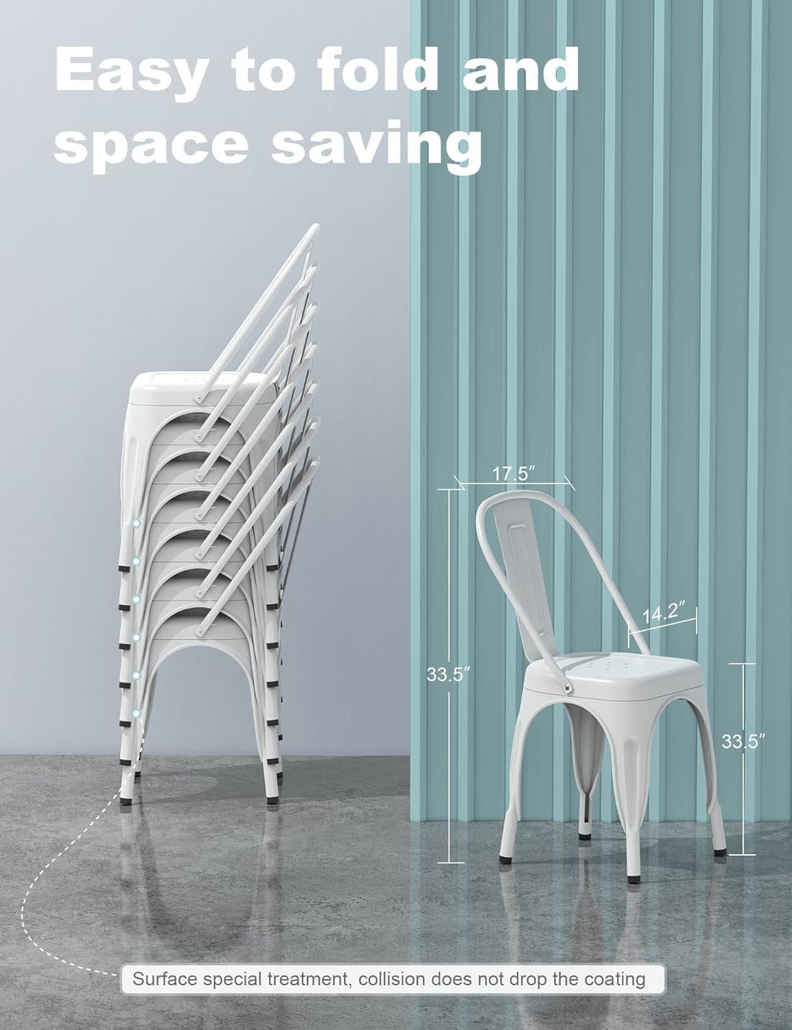 Tolix Style Metal Dining Chair White Stackable Set Of 4 stacked for space-saving storage and easy folding.