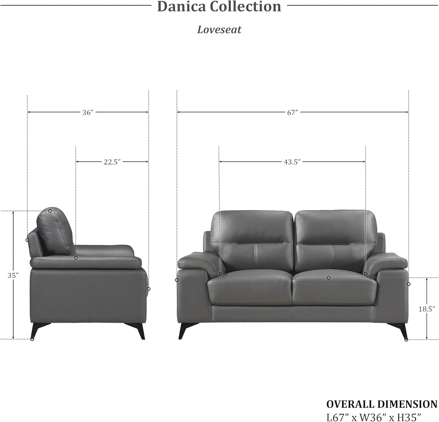 Top Grain Leather Two Piece Living Room Sofa Set Dark Gray