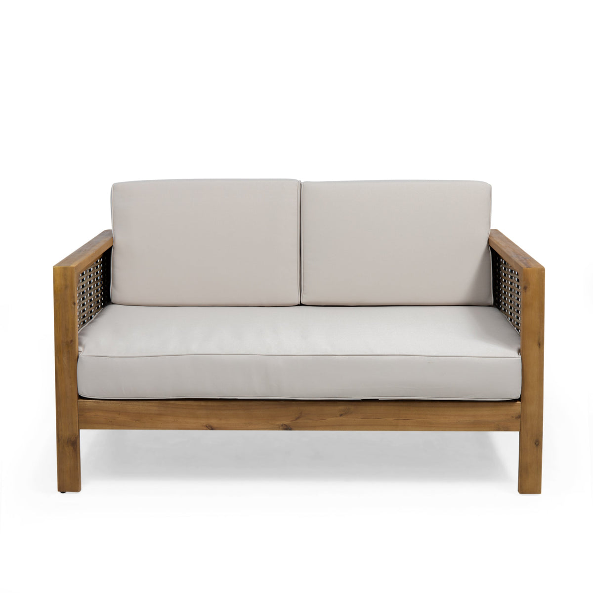 Outdoor Acacia Wood and Wicker Loveseat and Coffee Table Set with Cushions