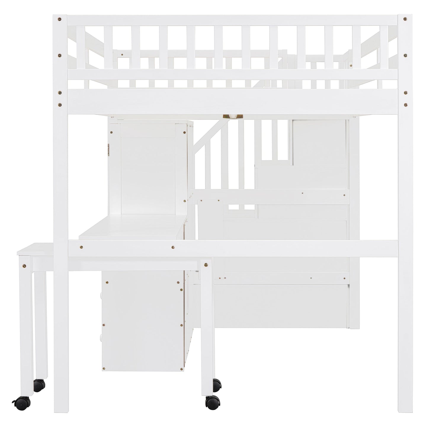 Full Size Loft Bed with Stairs, Bookshelf, Drawers, Desk & Wardrobe – Space-Saving Multifunctional Furniture for Kids & Teens-White