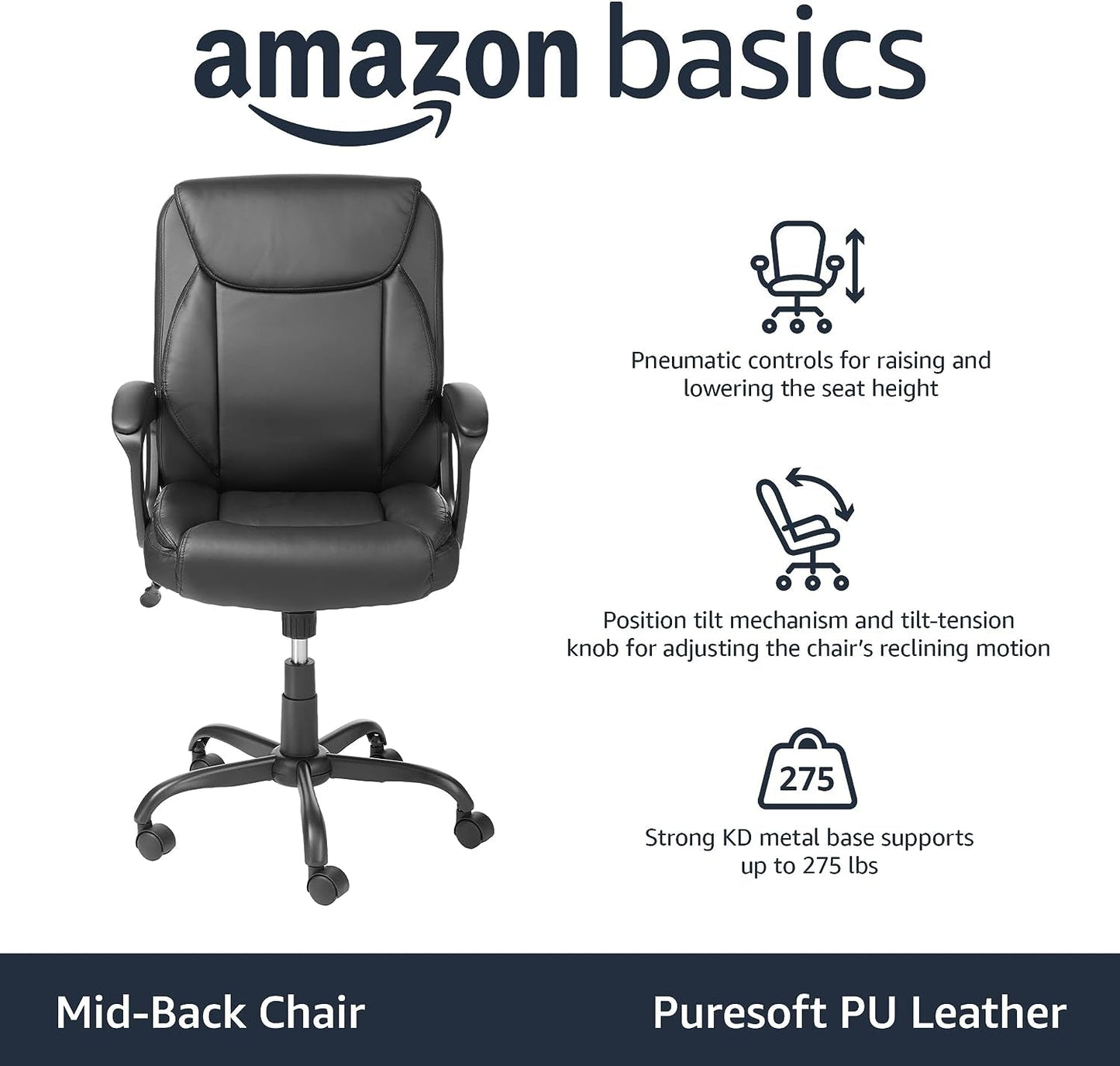 Black PU Mid-Back Office Chair Height Adjustable Ergonomic