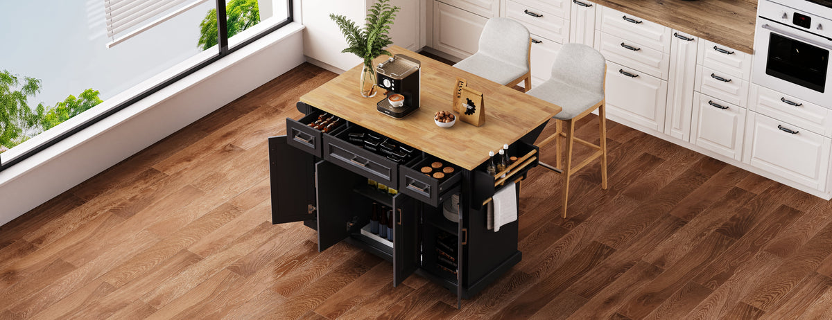 K&K 54-Inch Large Kitchen Island with Rubber Wood Drop Leaf