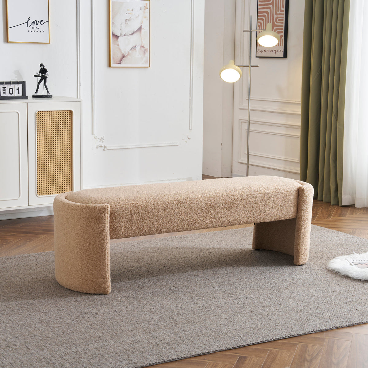 Elegant and Simple Long-Shaped Ottoman Bench, Light Camel