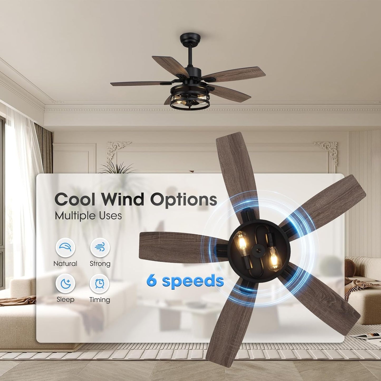 42 Inch Caged Ceiling Fan With Remote Control For Indoor And Outdoor showcasing cool wind options and 6-speed settings in a stylish living room.