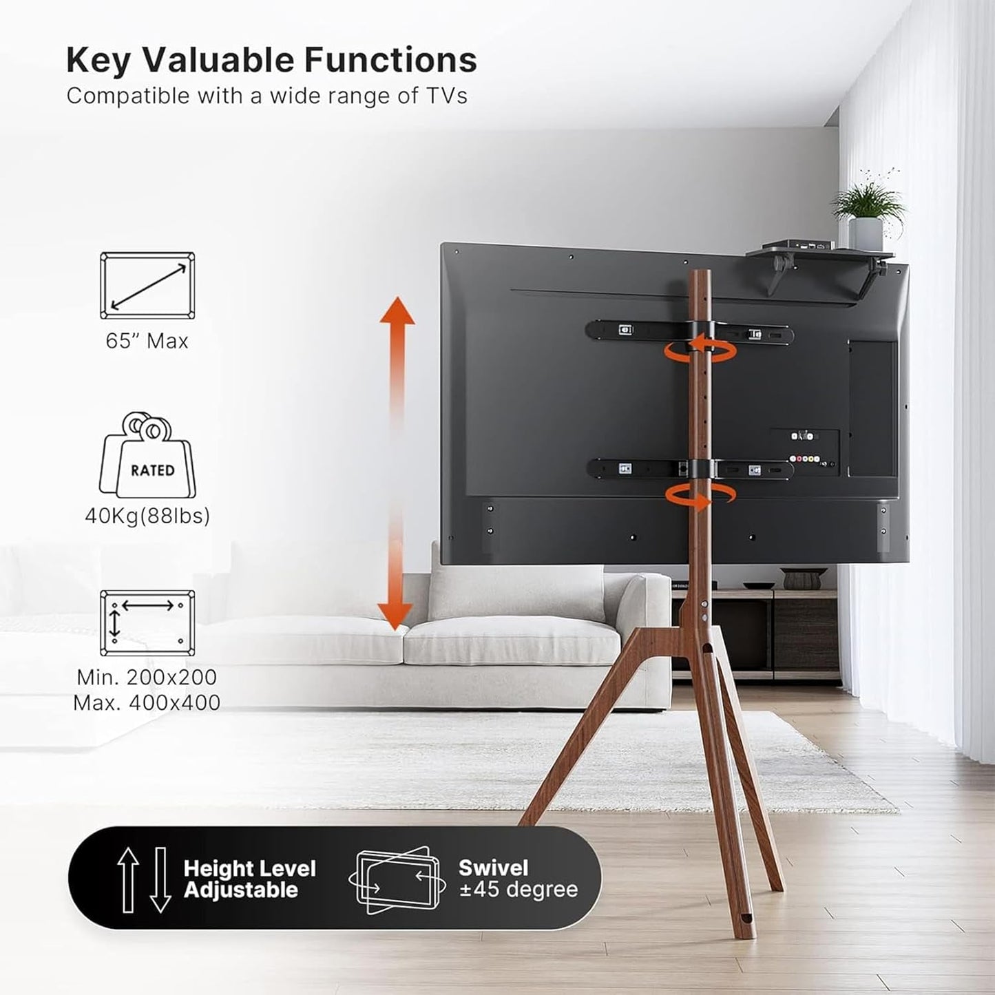 Wood Easel TV Stand For 45 To 65 Inch TVs Walnut Floor