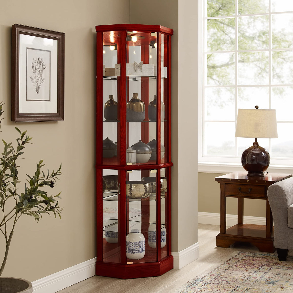 6 Shelf Lighted Corner Curio Cabinet with Adjustable Shelves