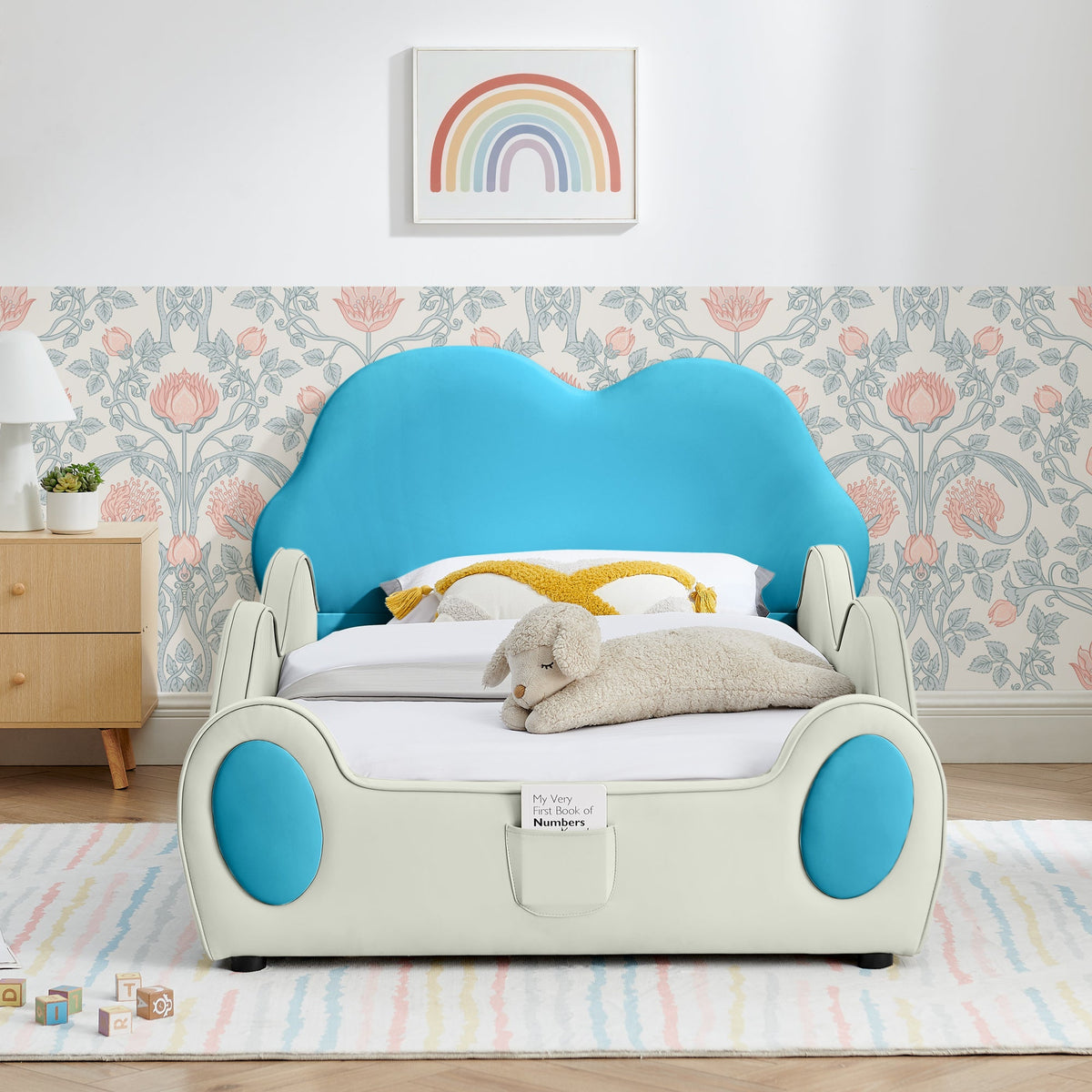 Cute Cloud Shape PU Leather Kids Bed with Guardrails