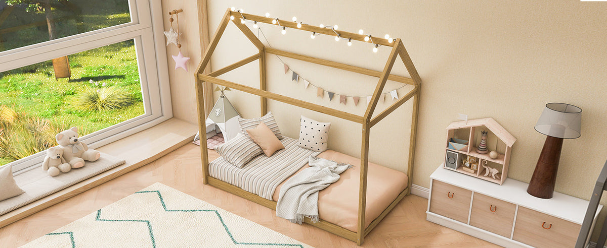 Twin Size Wooden House Bed, Wood Color