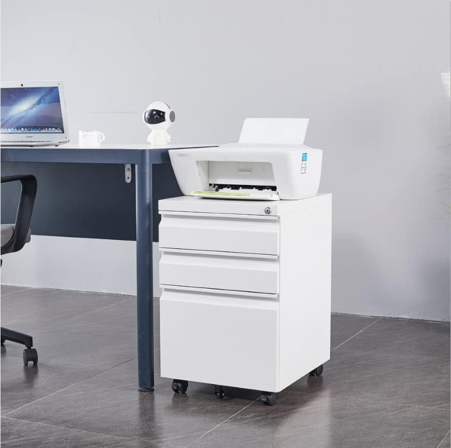 Three Drawer Mobile File Cabinet Under Desk White With Locking System For Legal Letter A4 Files